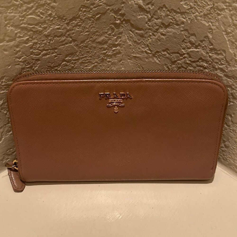 Prada Zip Around Long Wallet Blush Pink Leather Classic Basic Travel Carry All
